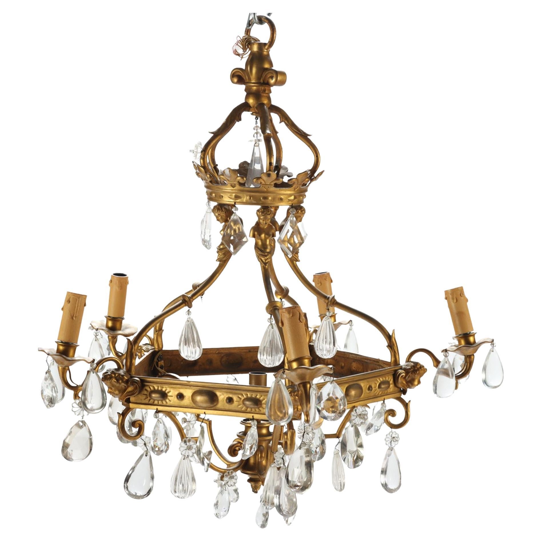 French Antique 5 Light Bronze and Crystal Chandelier For Sale