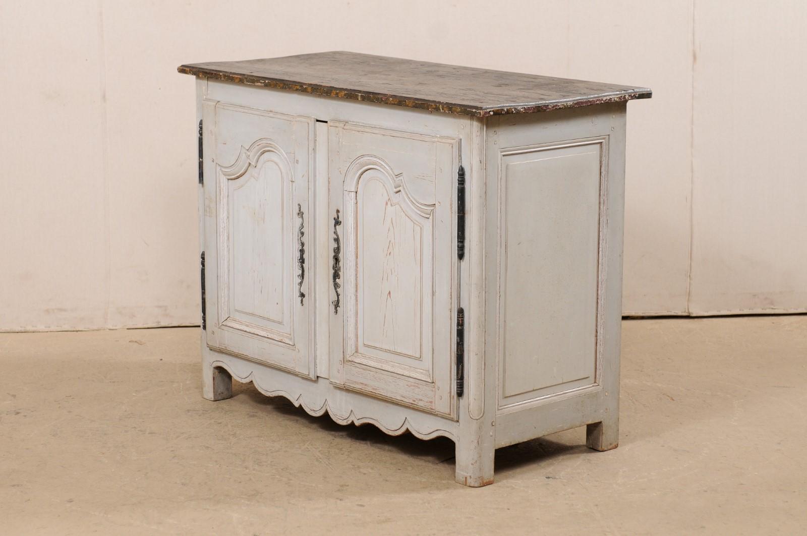 18th Century A French Antique Two-Door Buffet Cabinet w/Scalloped Skirt, Pale Gray For Sale