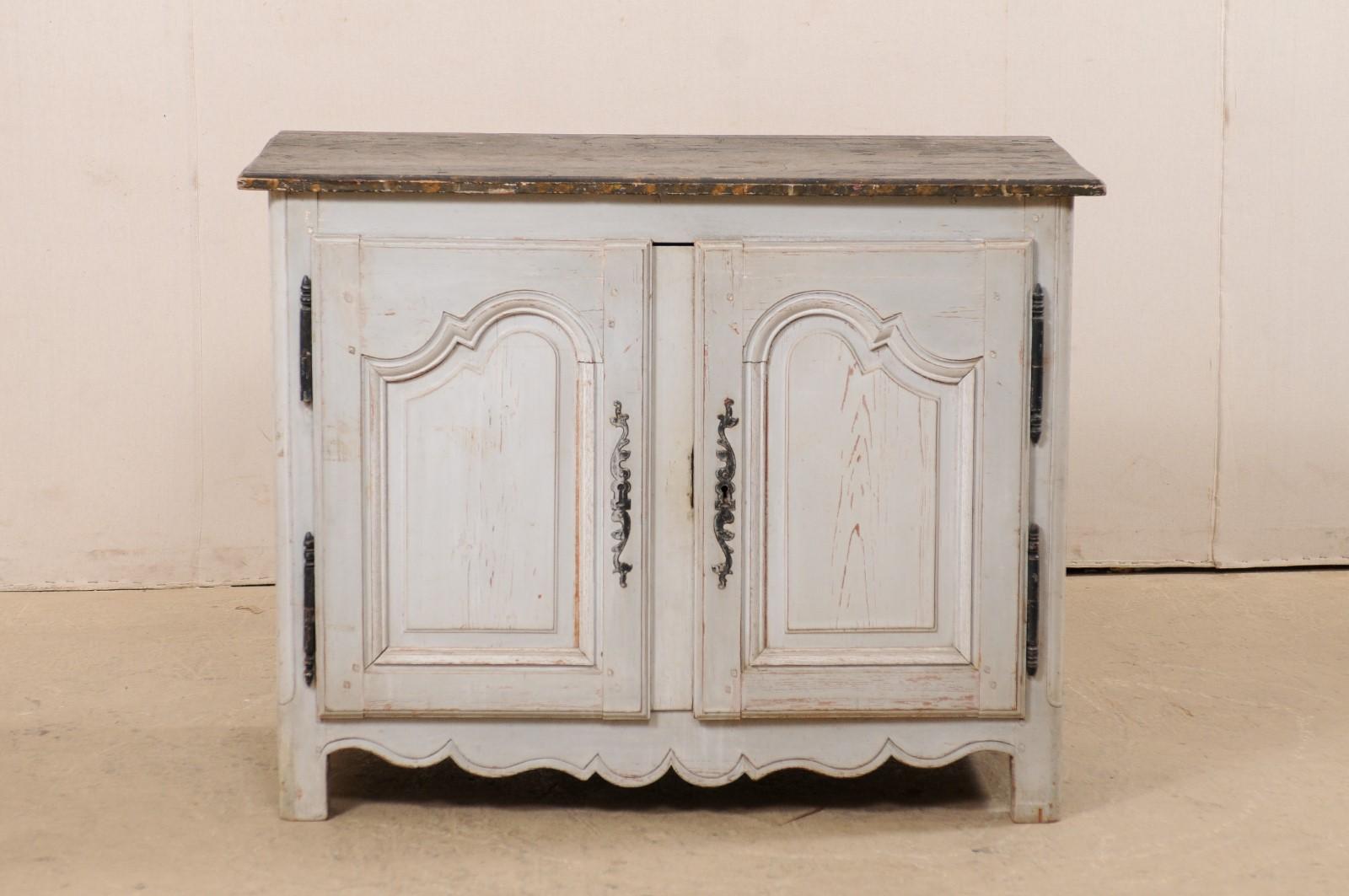 Wood A French Antique Two-Door Buffet Cabinet w/Scalloped Skirt, Pale Gray For Sale