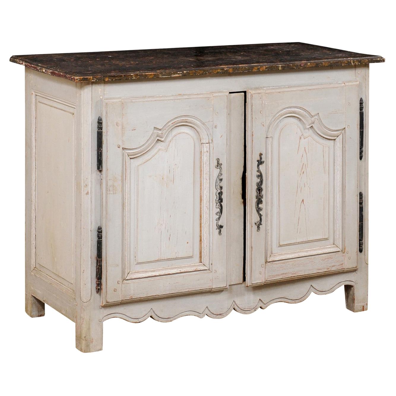 A French Antique Two-Door Buffet Cabinet w/Scalloped Skirt, Pale Gray For Sale