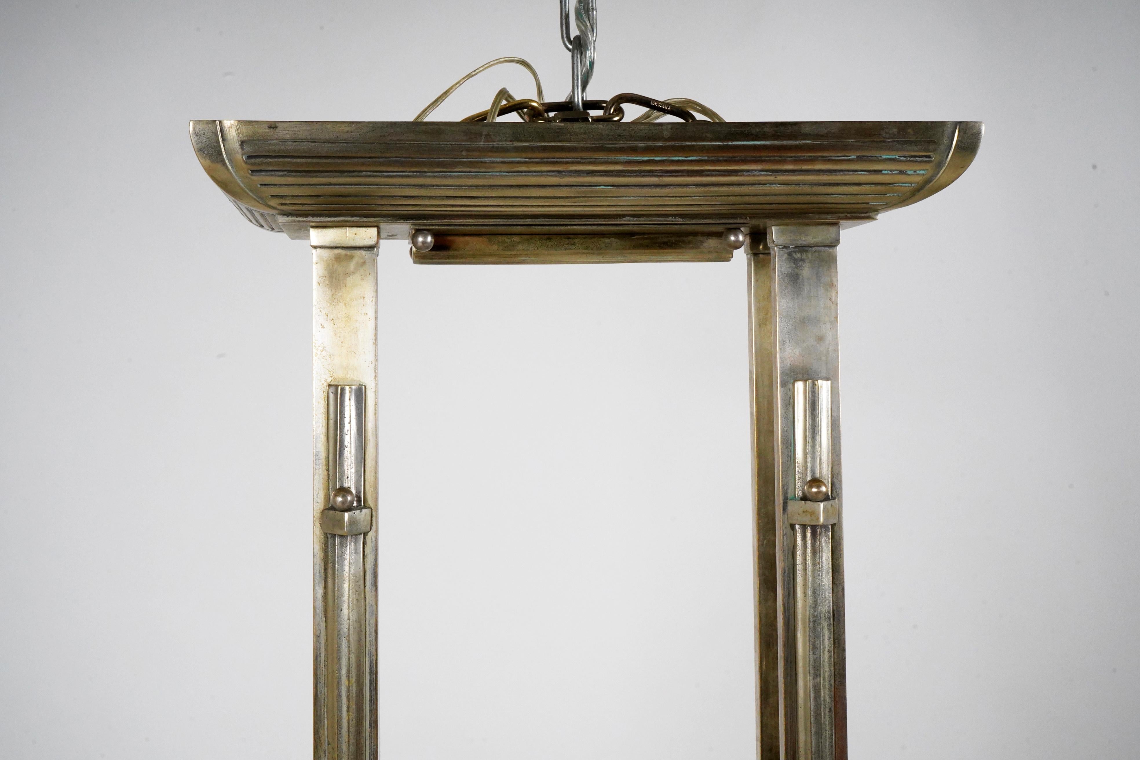 A French Art Deco “Billiard” Style Nickel Chandelier With Curved Sides 7