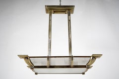 A French Art Deco “Billiard” Style Nickel Chandelier With Curved Sides