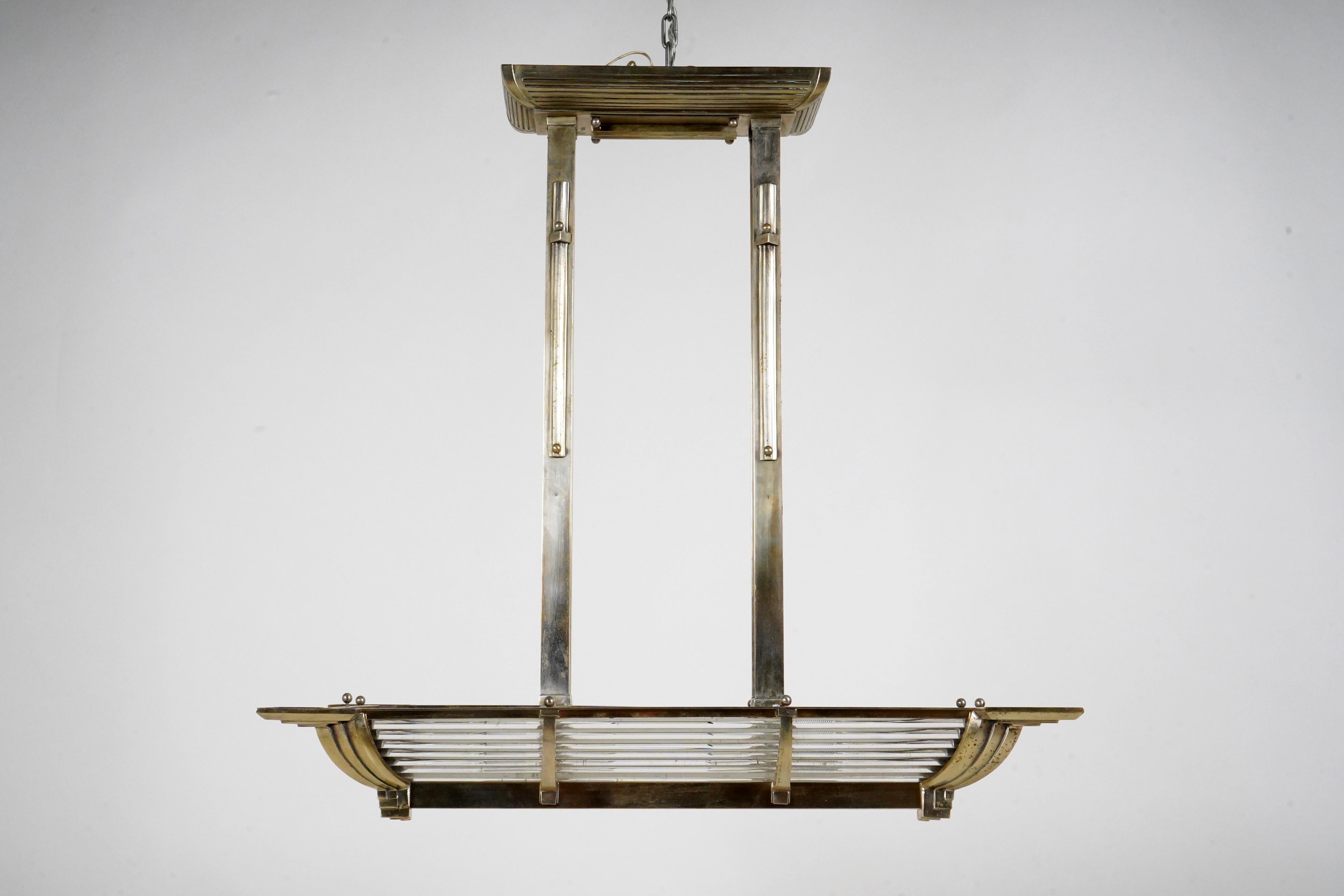 A French Art Deco “Billiard” Style Nickel Chandelier With Curved Sides 1