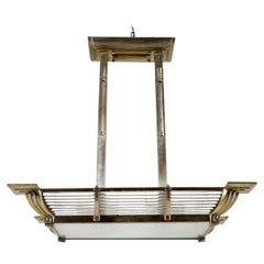 A French Art Deco “Billiard” Style Nickel Chandelier With Curved Sides