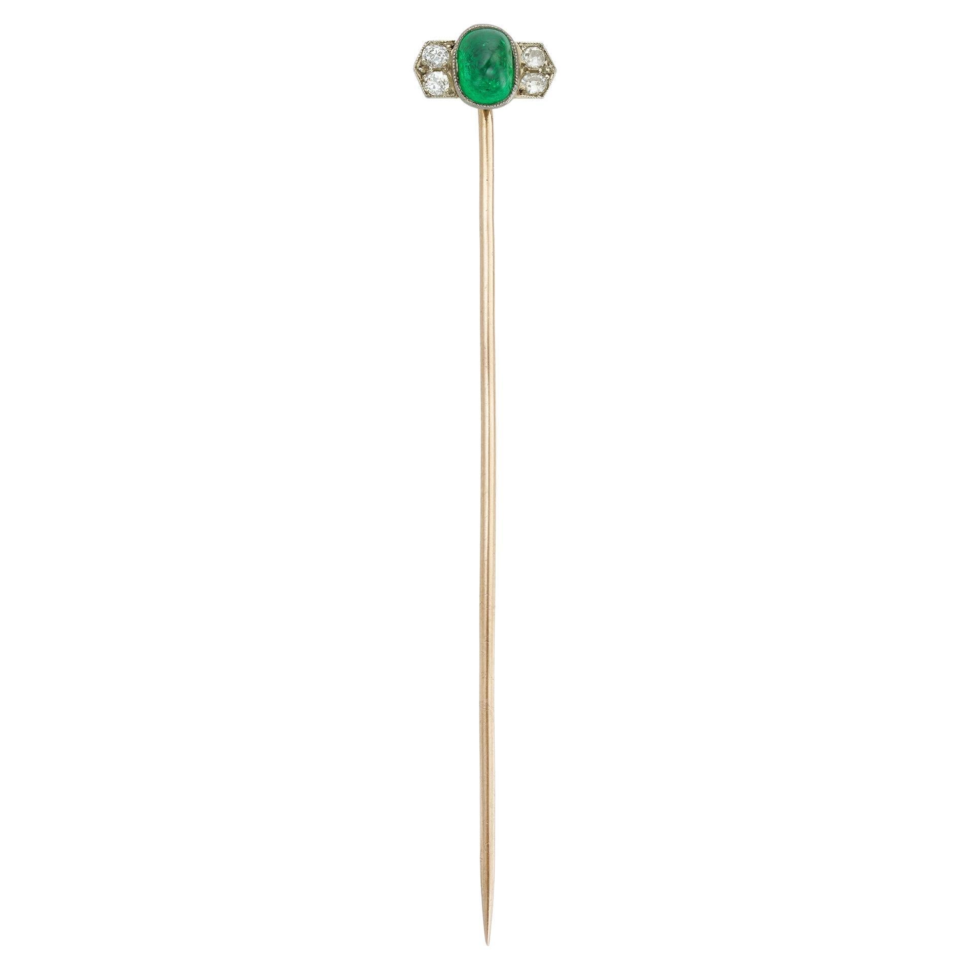 A French Art Deco Emerald And Diamond Stick-pin
