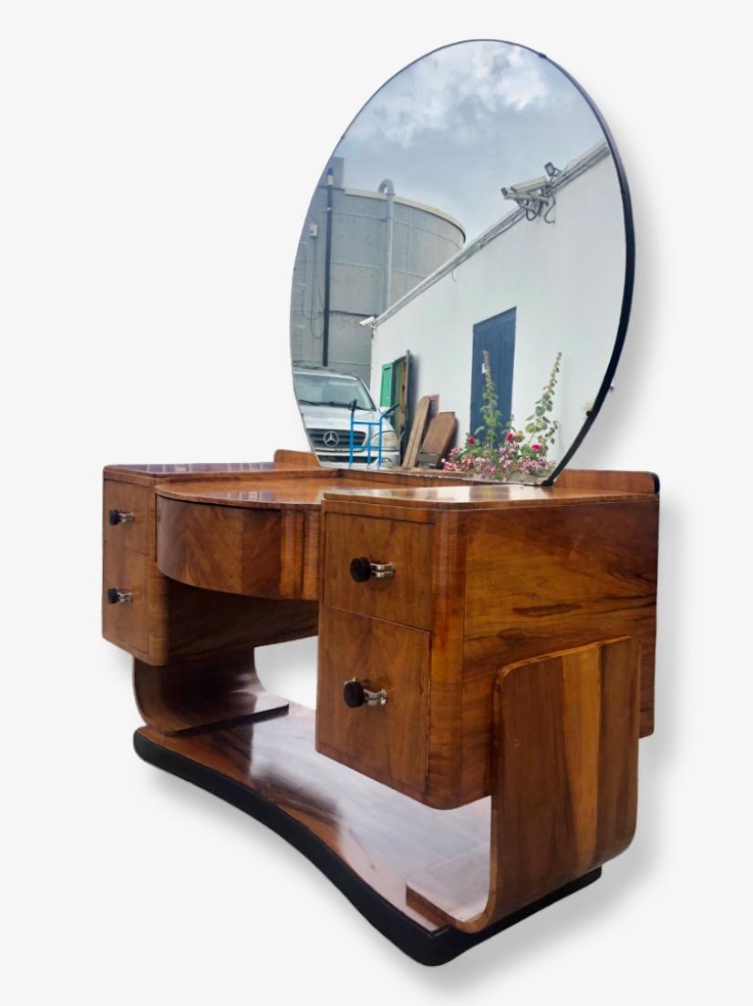 British French Art Deco Figured Walnut “U” Base Dressing Table