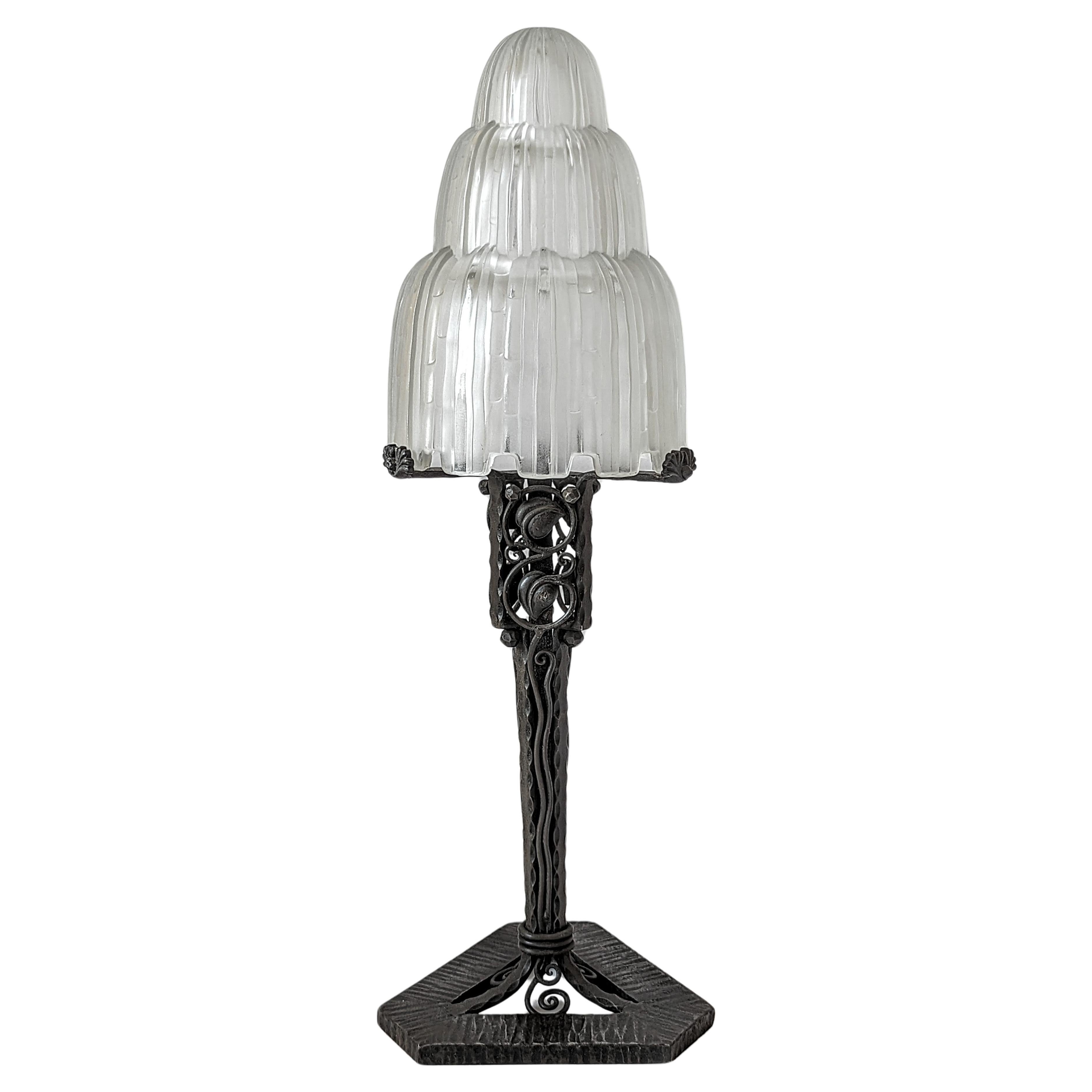 A French Art Deco Lamp by Edgar Brandt with Waterfall Sabino Shade For Sale