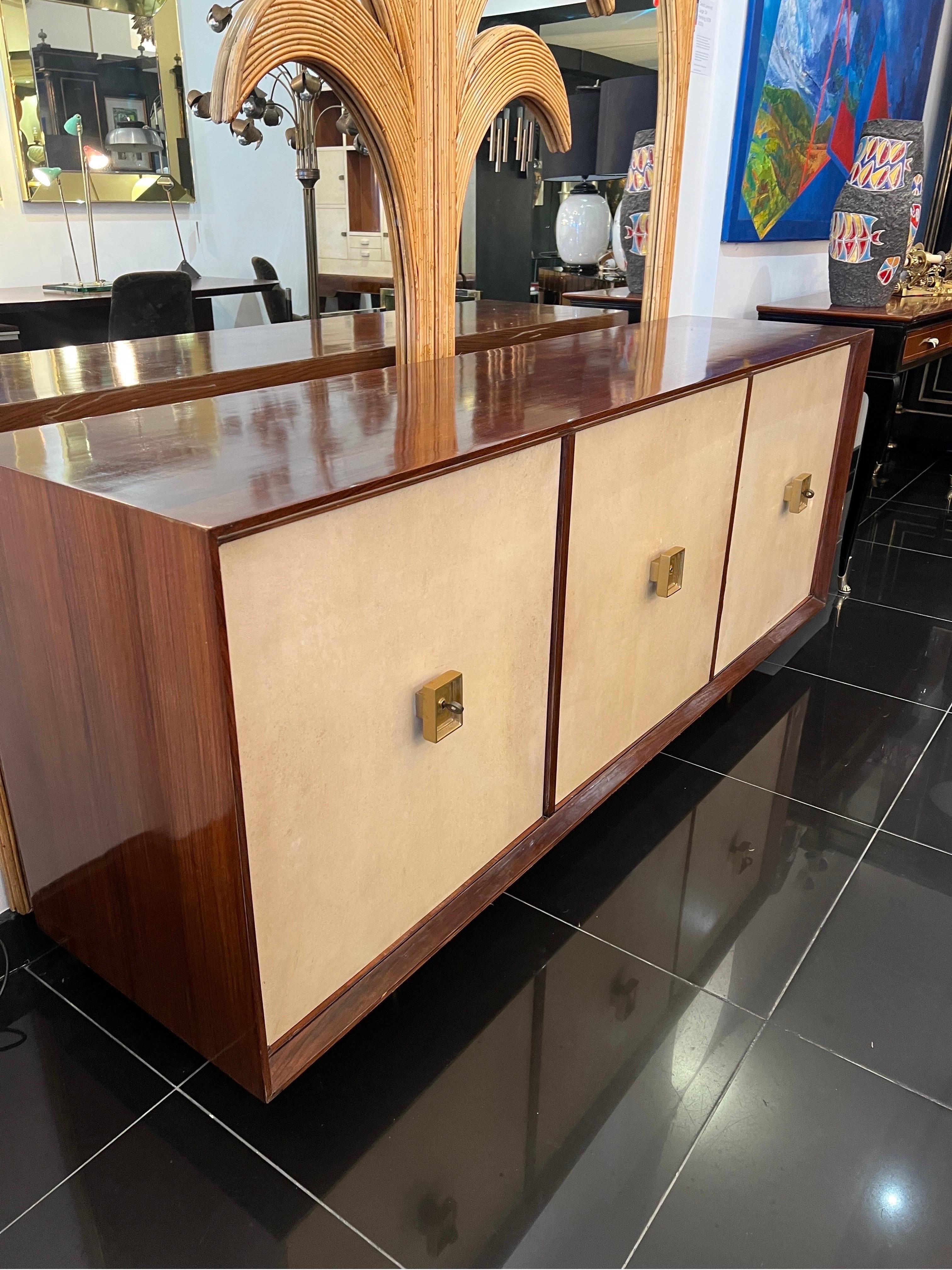 French Art Deco Parchment 3 Doors Sideboard Attributed to Jacques Adnet 4