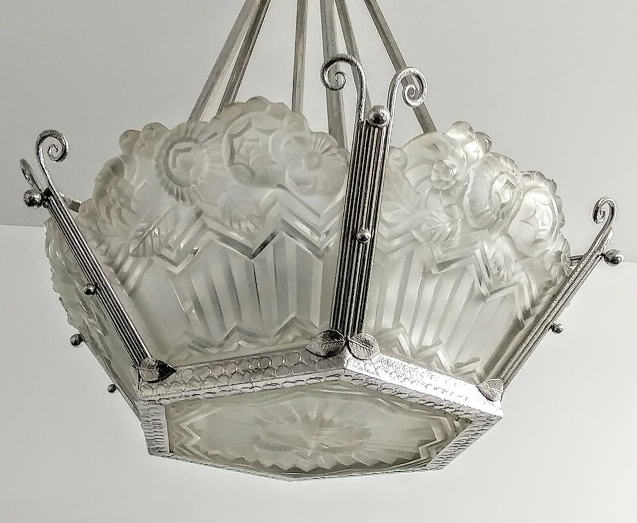 Glass French Art Deco Pendant Chandelier by Noverdy For Sale