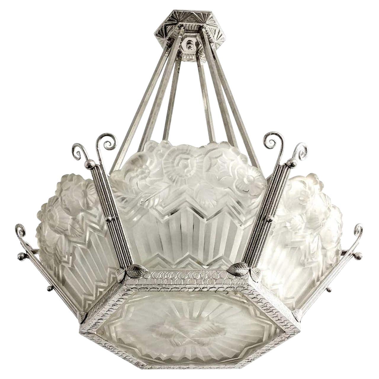 French Art Deco Pendant Chandelier by Noverdy For Sale