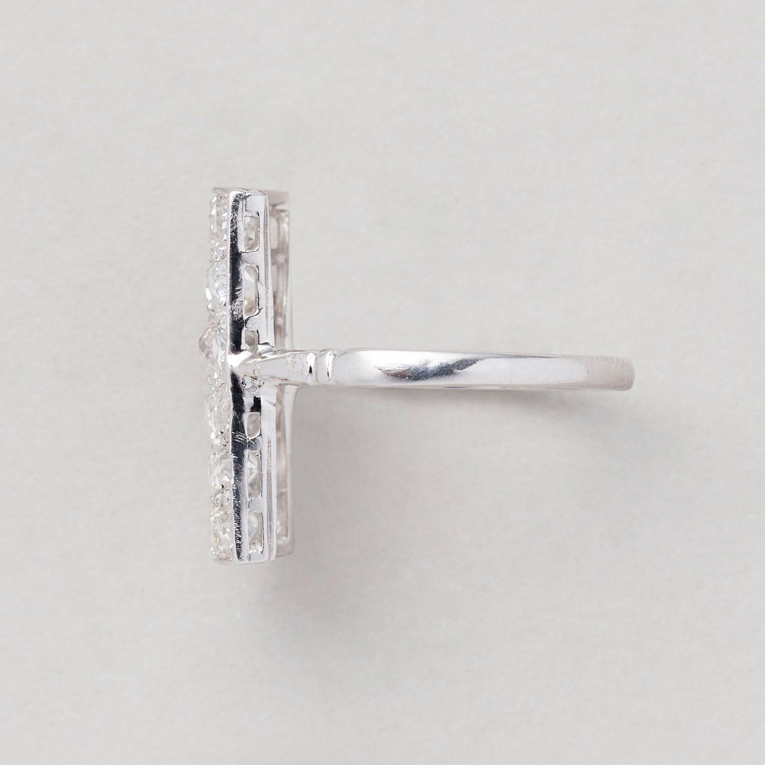 Old Mine Cut A French Art Deco Platinum and Diamond Panel Ring For Sale