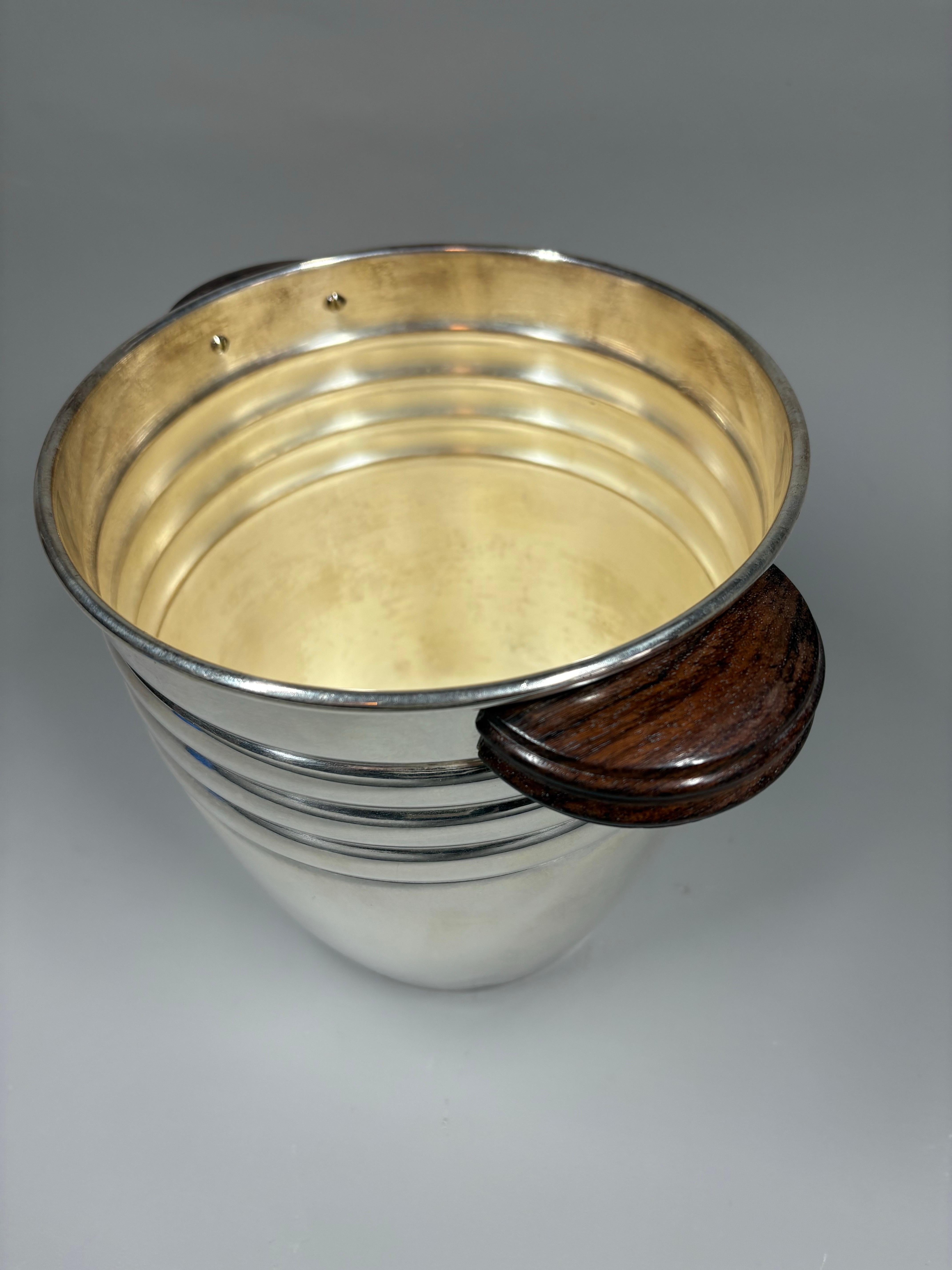 Französischer versilberter Champagner-/Weinkühler im Art-Déco-Stil mit Griffen aus Palisanderholz im Angebot 1