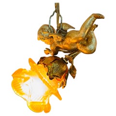 A French Art Nouveau Gilt Bronze Flying Putto Hanging Light Fixture