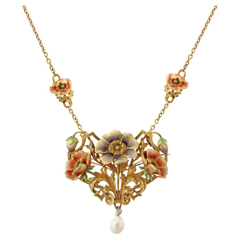 French Art Nouveau Pearl, Diamond and Enamel Necklace For Sale at 1stDibs