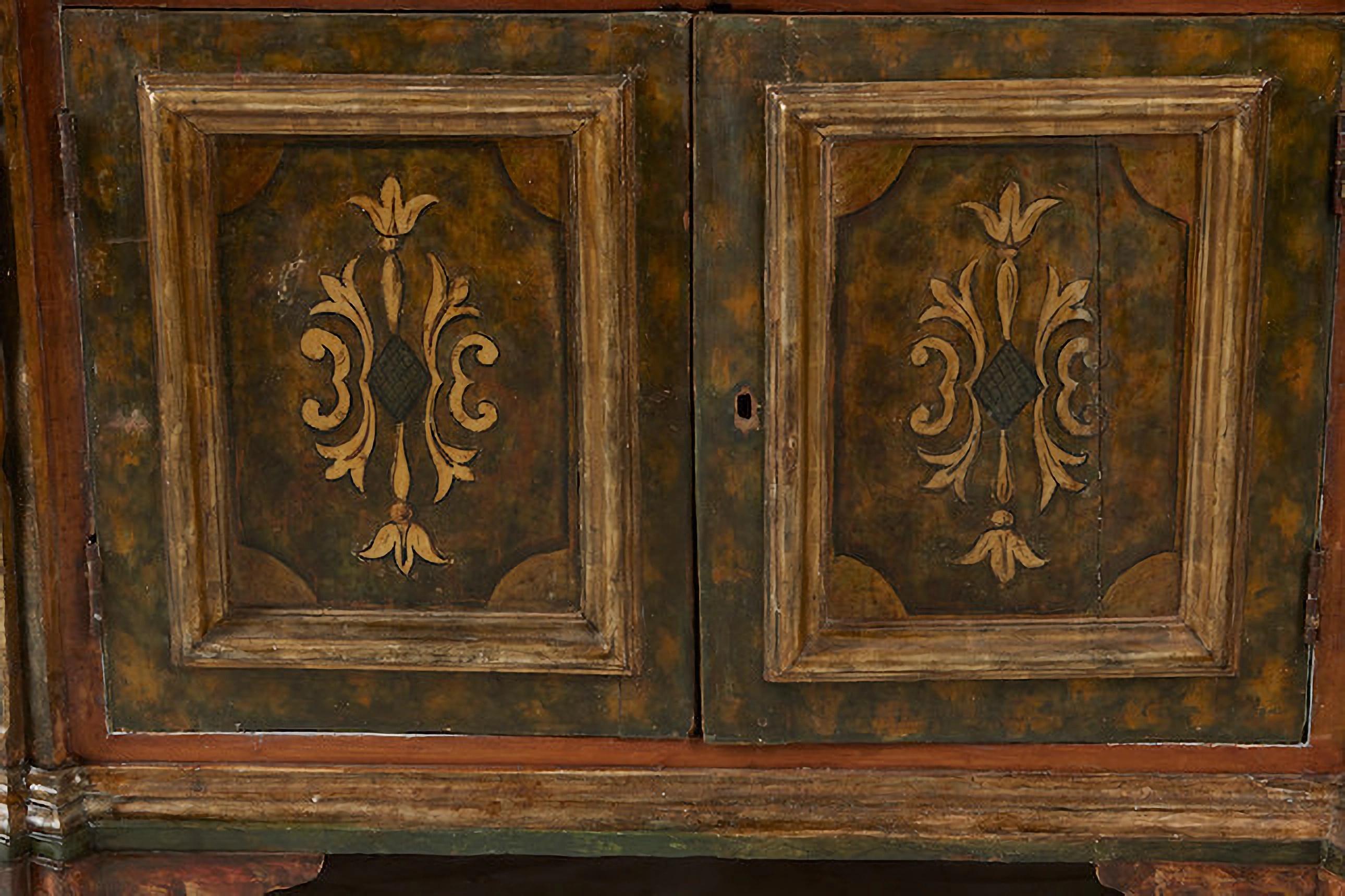 18th Century and Earlier A French Baroque Style Painted and Parcel Gilt Buffet a Deux Corps, 18th Century For Sale