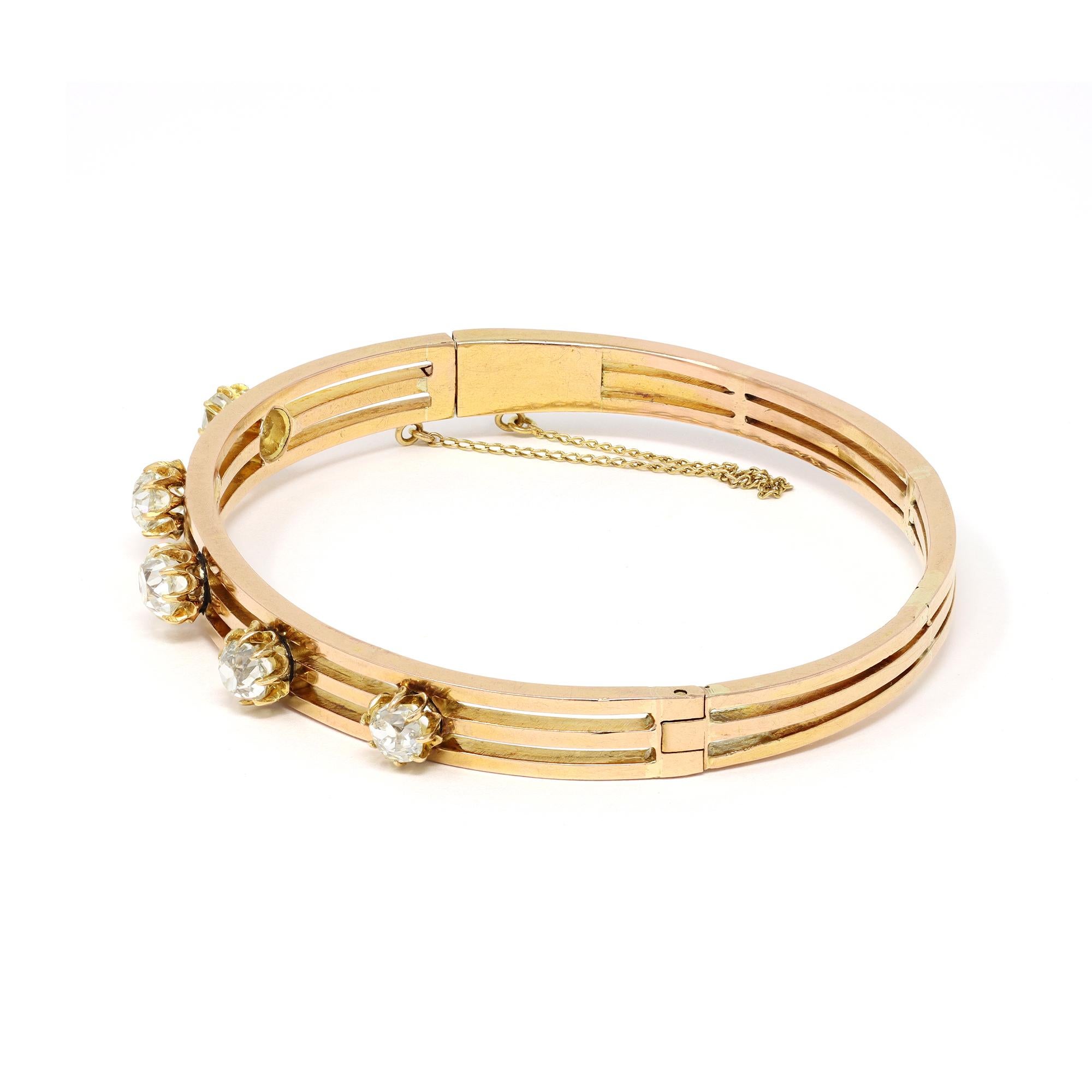 French Belle Époque Bangle with Old Mine Cut Diamond Bracelet in 18 Karat Gold In Good Condition In Miami, FL