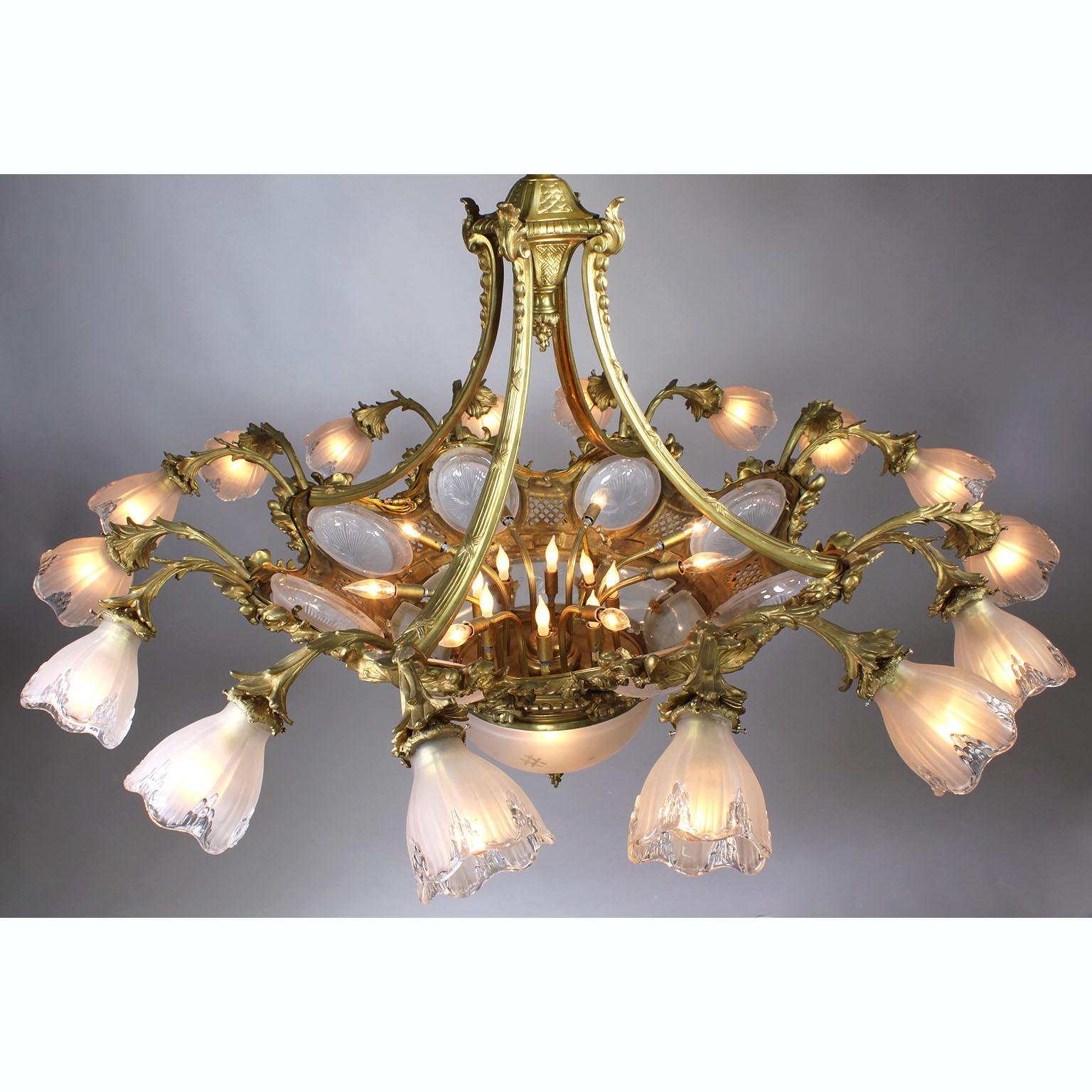 French Belle Époque Gilt-Bronze & Molded Glass 16 Light Plafonnier Chandelier For Sale 5