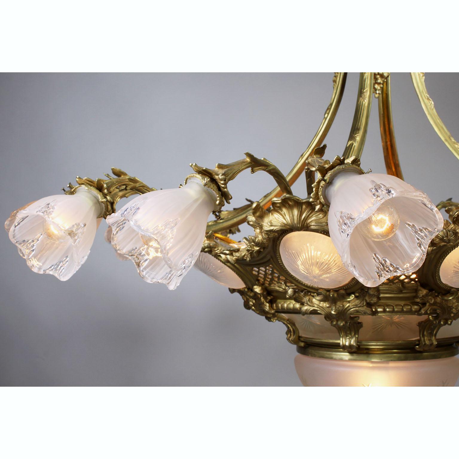French Belle Époque Gilt-Bronze & Molded Glass 16 Light Plafonnier Chandelier For Sale 2