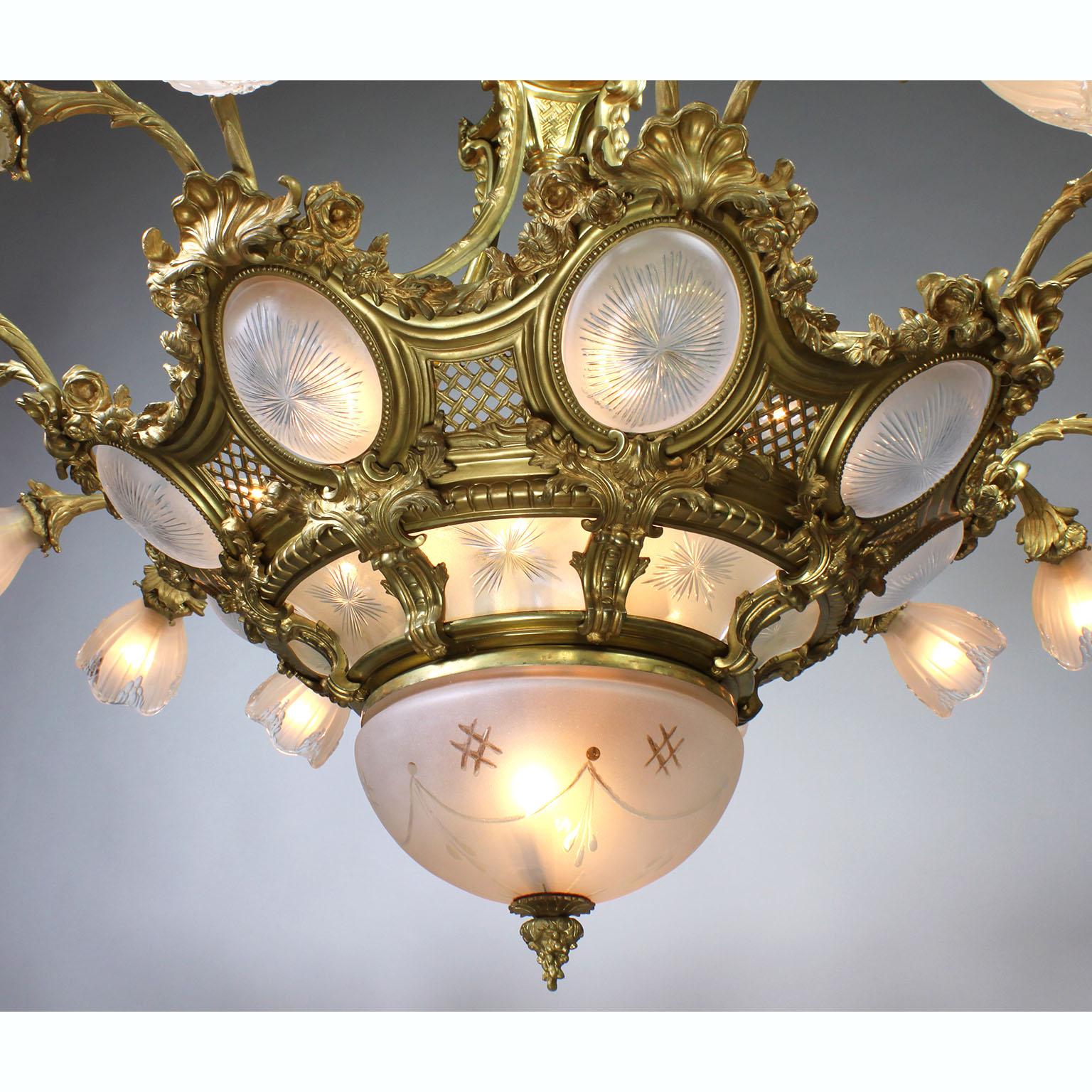 French Belle Époque Gilt-Bronze & Molded Glass 16 Light Plafonnier Chandelier For Sale 3