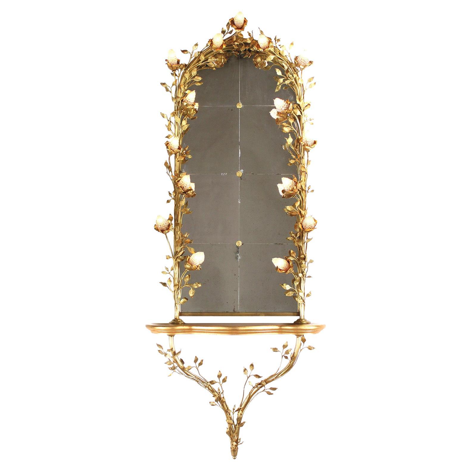 Französische Belle Époque Konsole und Spiegel aus vergoldetem Metall und Giltwood mit Blumenranken im Angebot