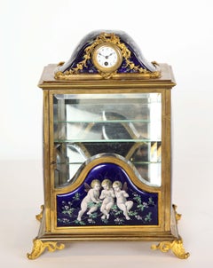 French Bronze and Limoges Enamel Jewelry Vitrine Cabinet with Clock