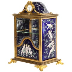 French Bronze and Limoges Enamel Jewelry Vitrine Cabinet with Clock