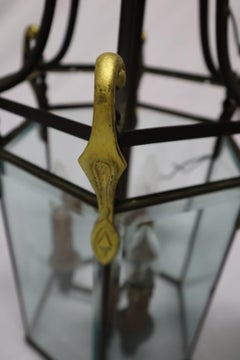 Lanterne de salle en bronze français avec vitres biseautées, électrique, vers 1930