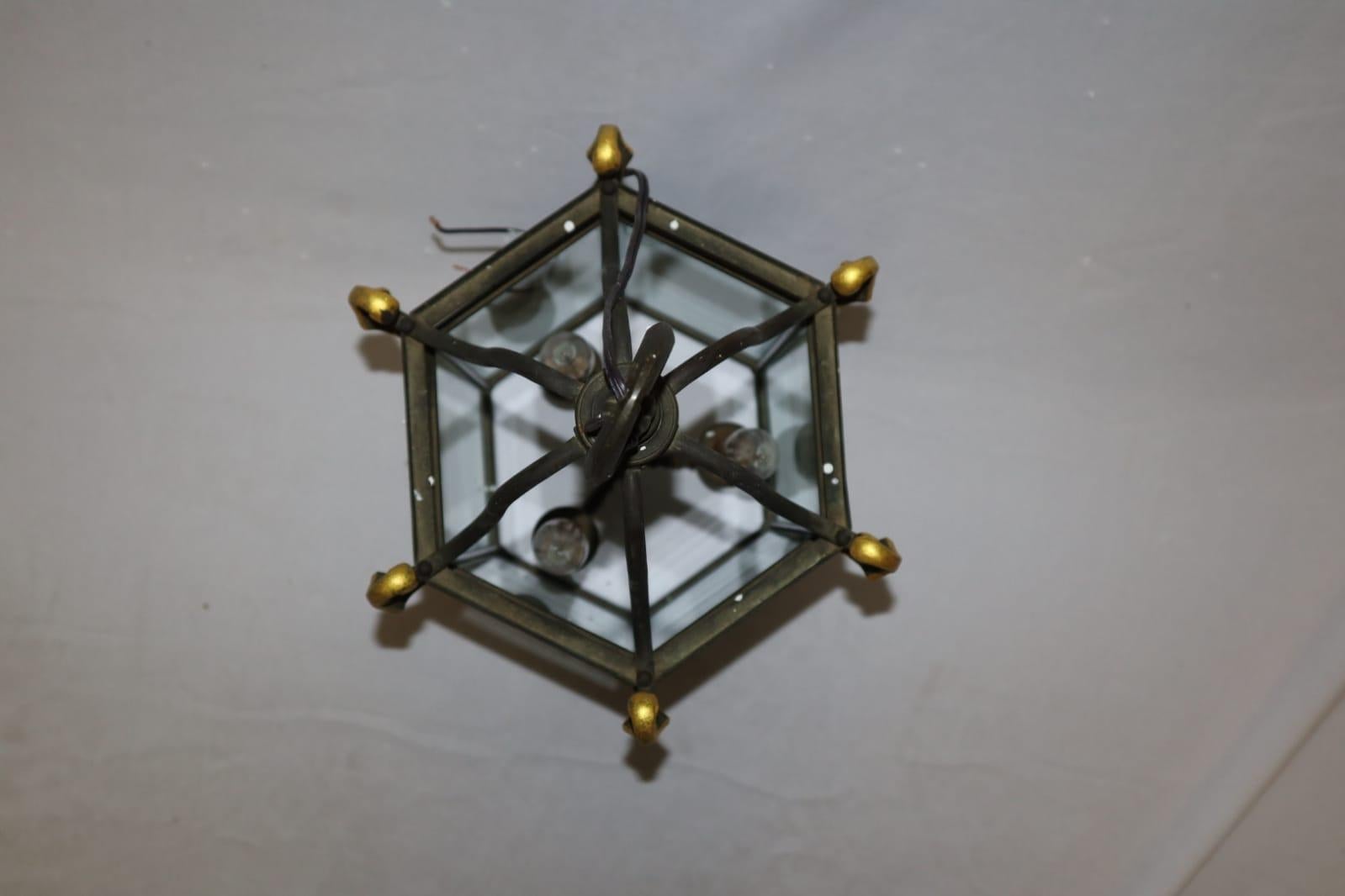 French Bronze Hall Lantern with Beveled Panes, Electrical, circa 1930 In Good Condition For Sale In Virum, DK