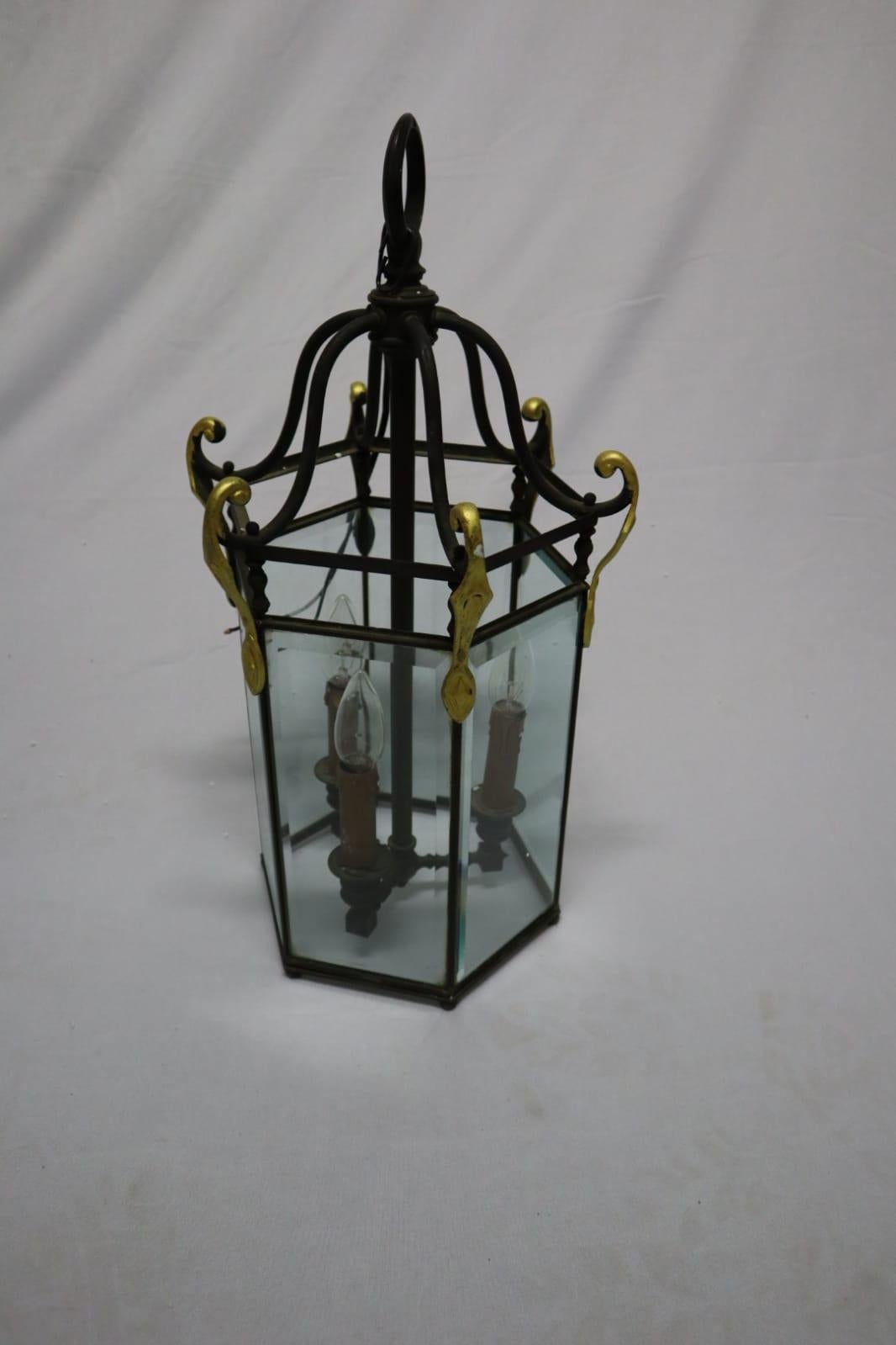 Mid-20th Century French Bronze Hall Lantern with Beveled Panes, Electrical, circa 1930 For Sale