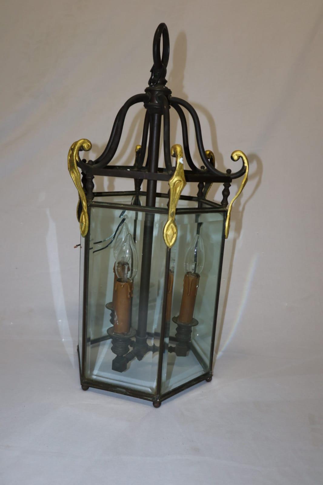 French Bronze Hall Lantern with Beveled Panes, Electrical, circa 1930 For Sale 2