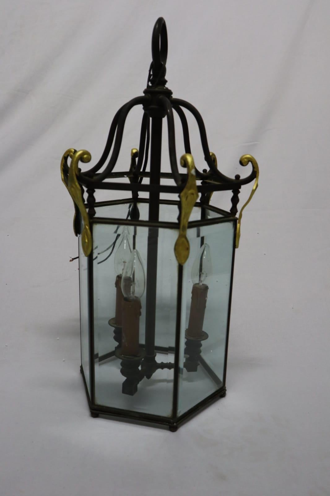 French Bronze Hall Lantern with Beveled Panes, Electrical, circa 1930 For Sale 3