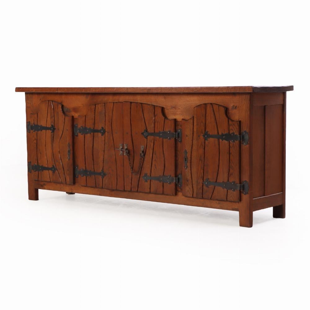 Carved A French Brutalist Style Oak Sideboard, C. 1950. For Sale