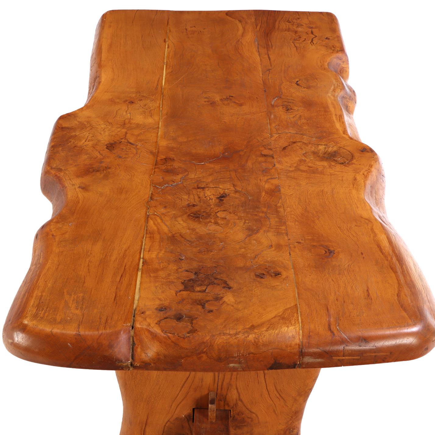 20th Century A French burled elm free edge dining table, C. 1970. For Sale