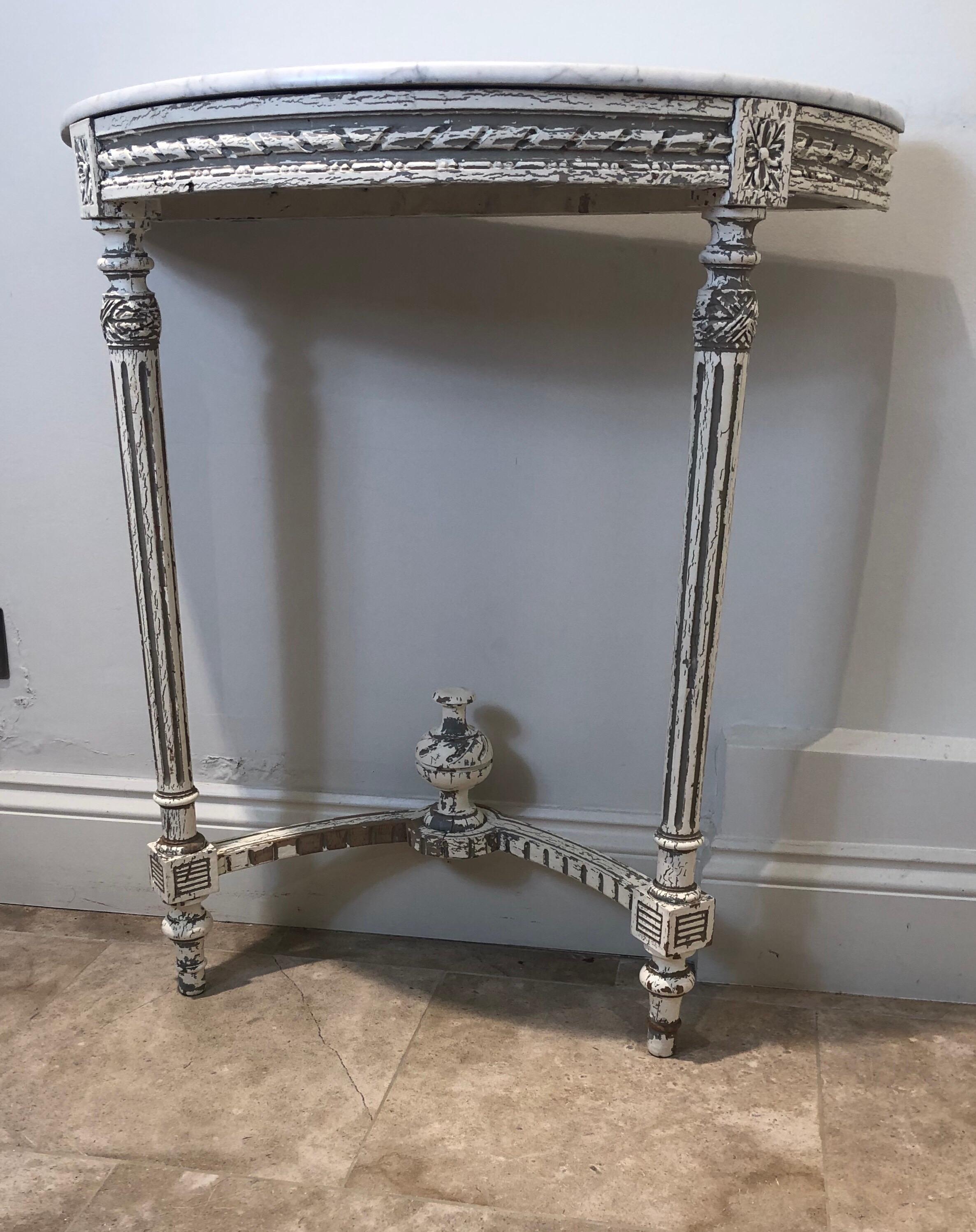 French Demilune Hand Painted White Wooden Console with White Marble Top For Sale 5