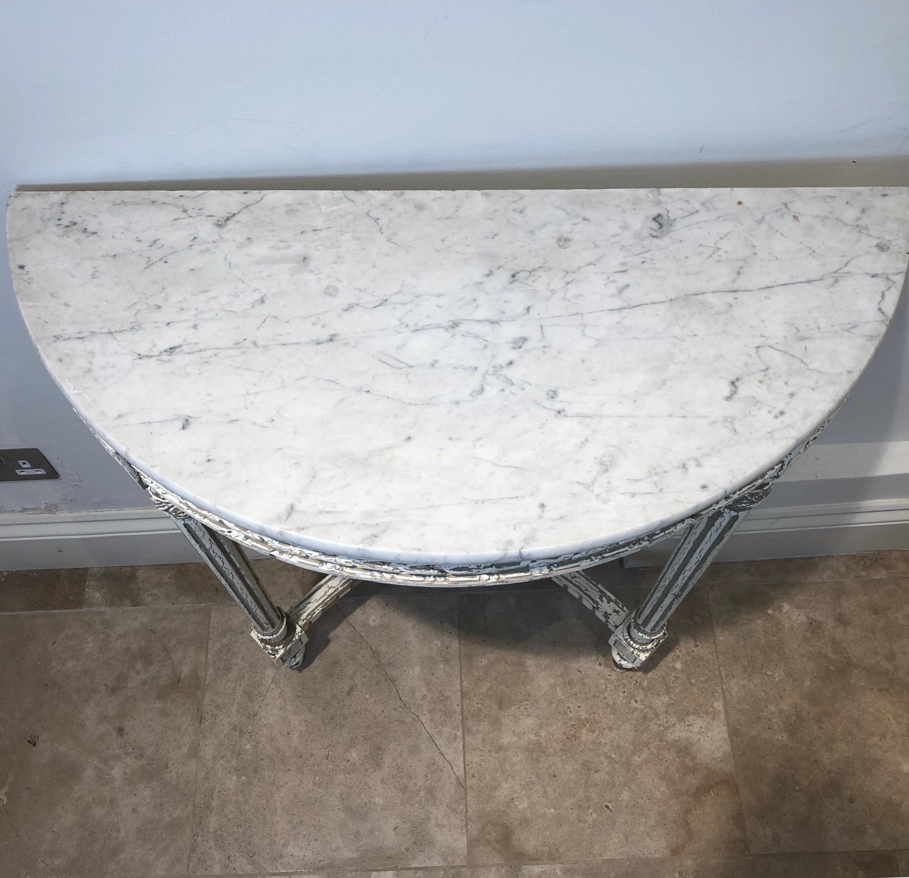 Oak French Demilune Hand Painted White Wooden Console with White Marble Top For Sale