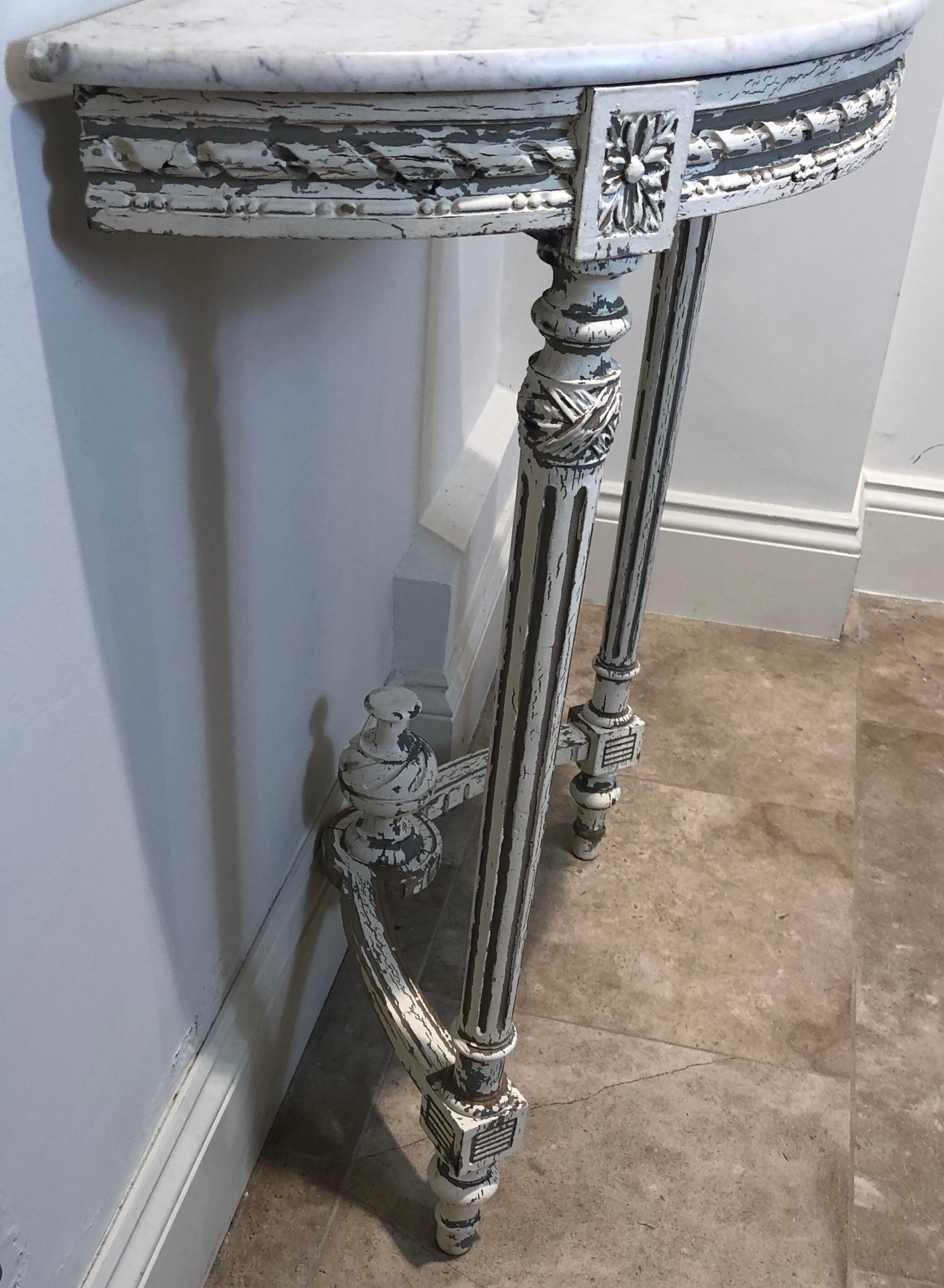 French Demilune Hand Painted White Wooden Console with White Marble Top For Sale 2
