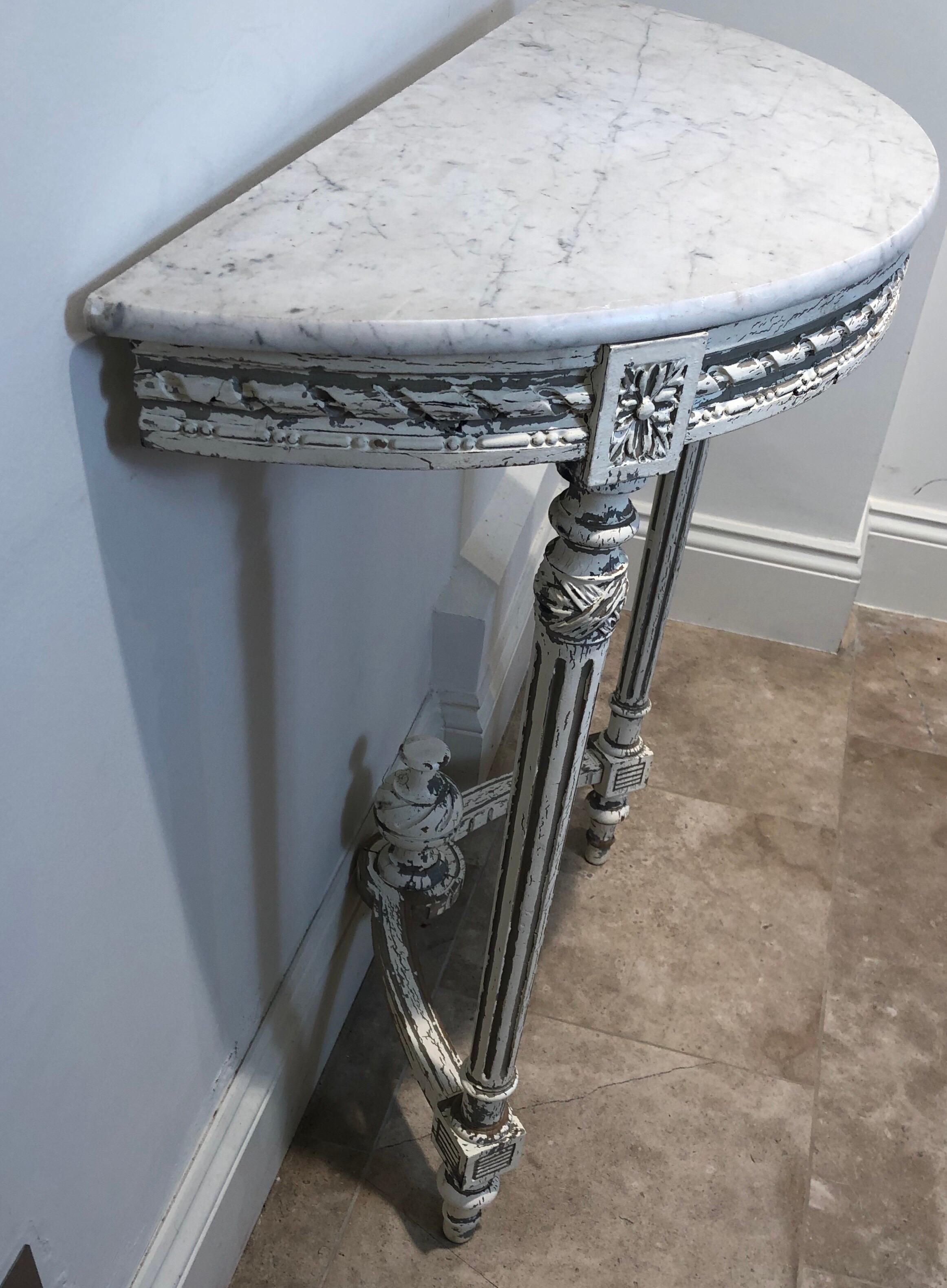 French Demilune Hand Painted White Wooden Console with White Marble Top For Sale 3