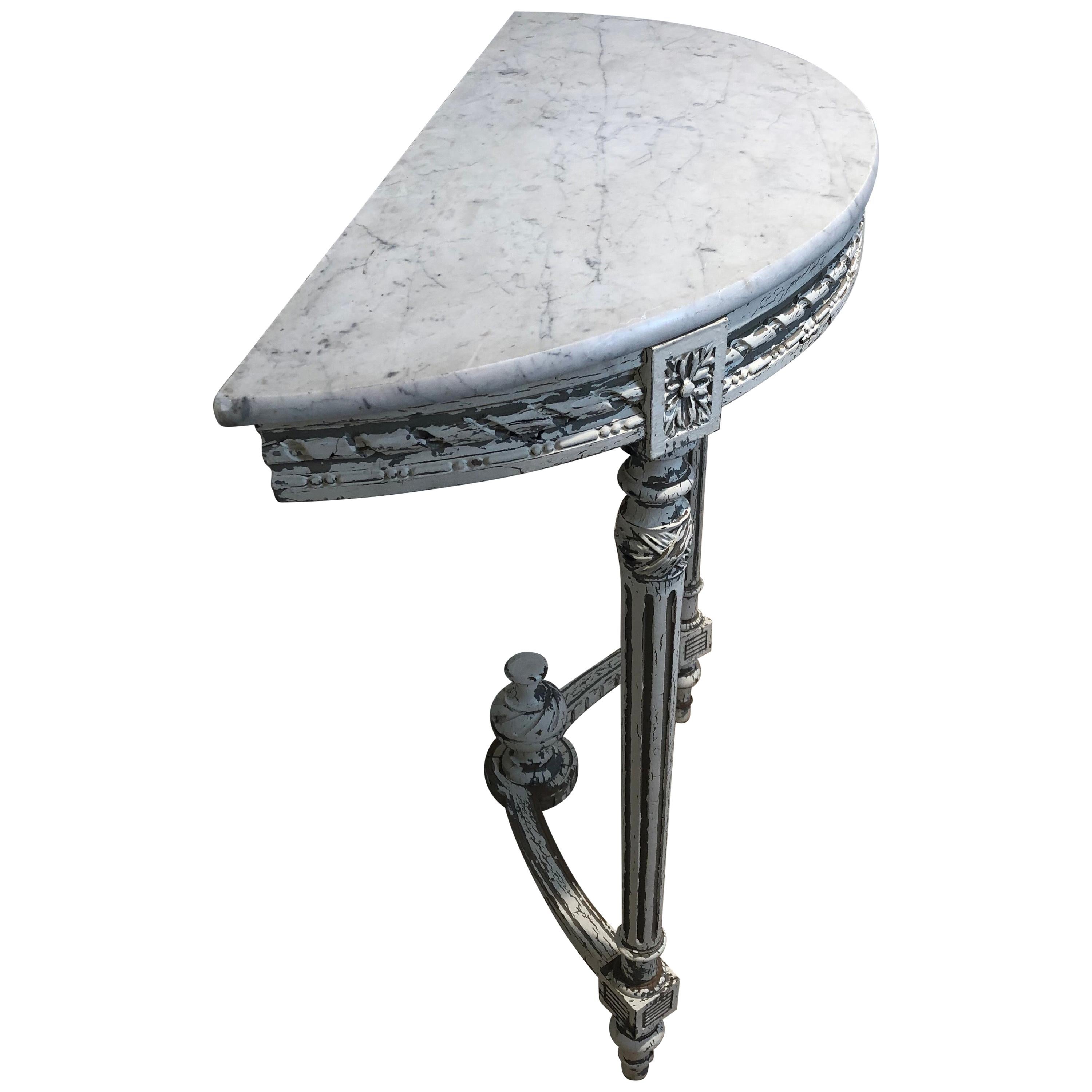 Louis XVI French Demilune Hand Painted White Wooden Console with White Marble Top For Sale
