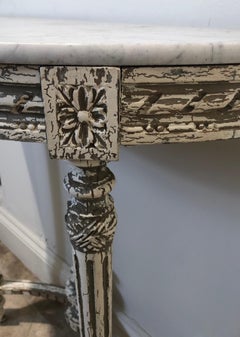 French Demilune Hand Painted White Wooden Console with White Marble Top