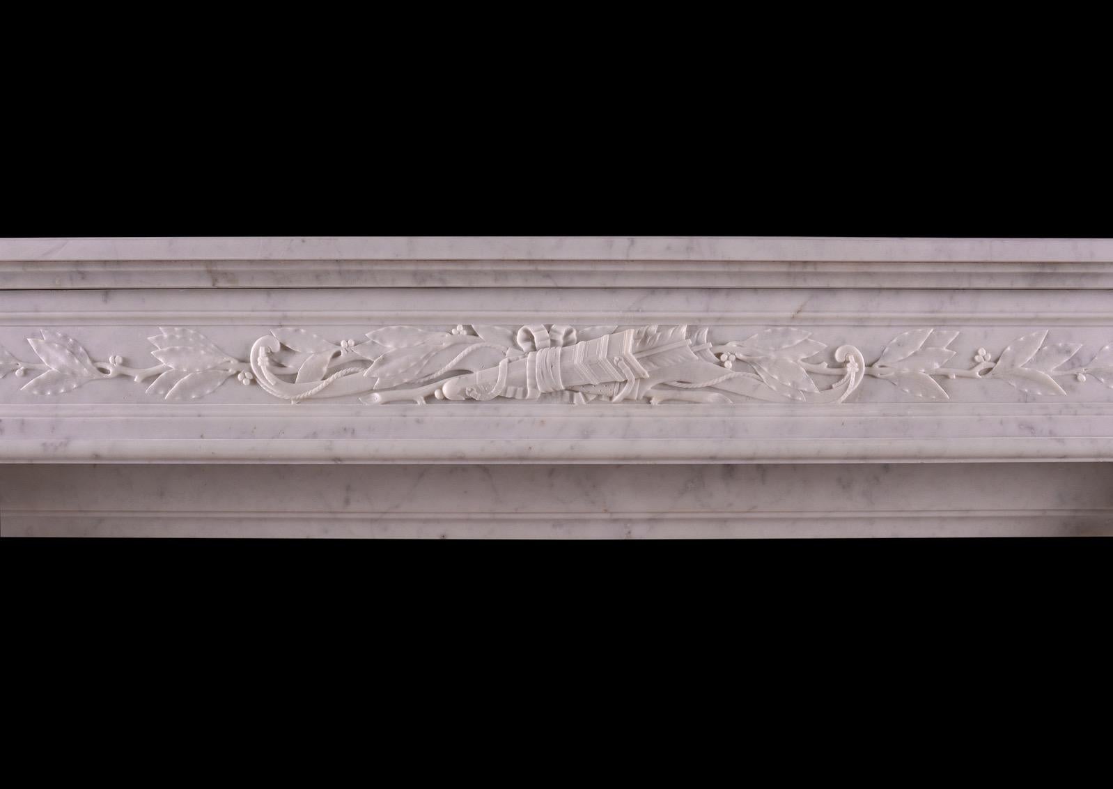 A mid 19th century French Louis XVI style Carrara marble fireplace, with panelled frieze delicately carved with quiver, arrow and foliage. The shaped jambs with acanthus leaves, rope moulding and square paterae above. Moulded shelf.

Shelf