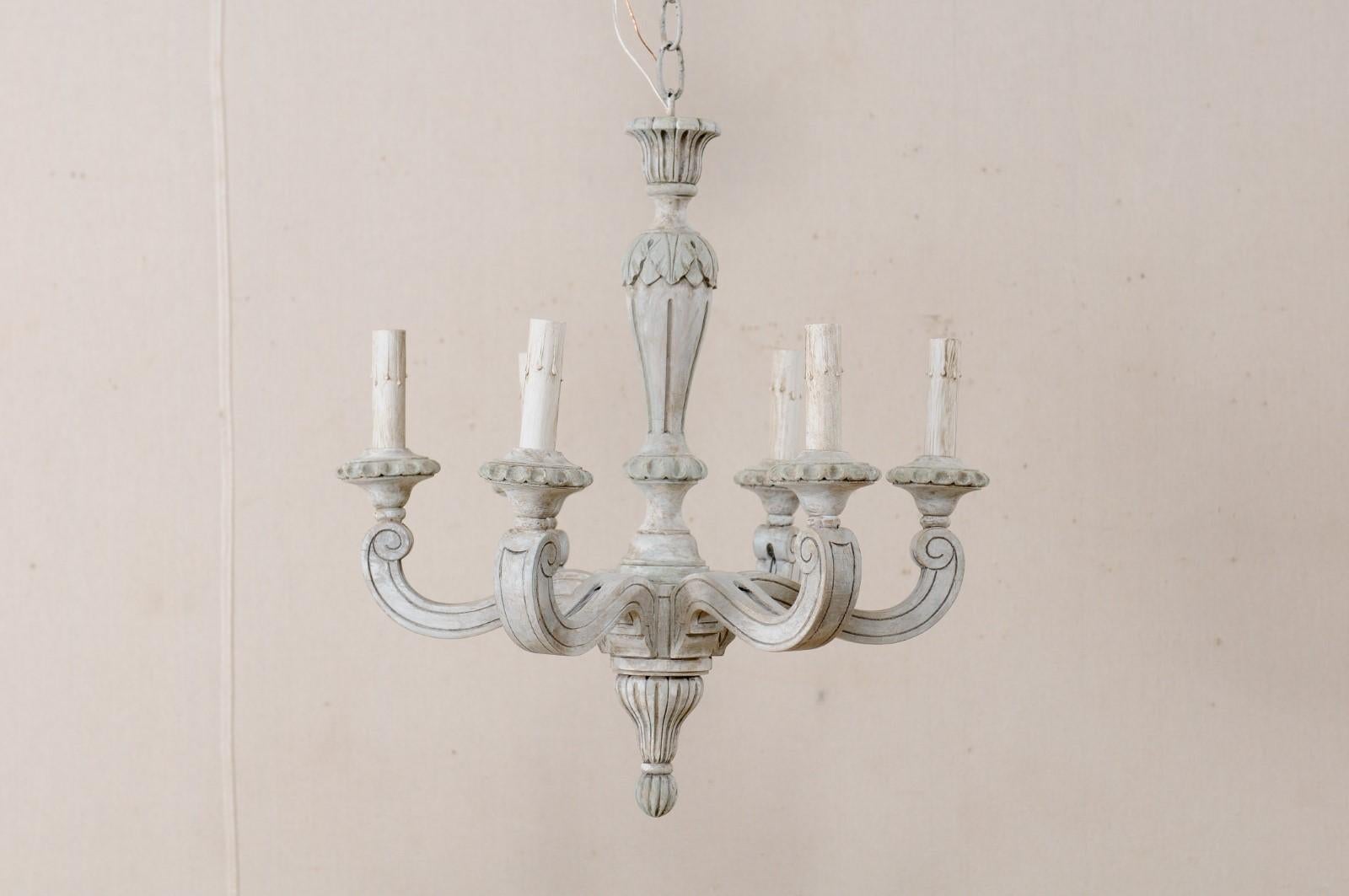 French Carved and Painted Wood Chandelier in Pale Gray, Mid-20th Century In Good Condition In Atlanta, GA