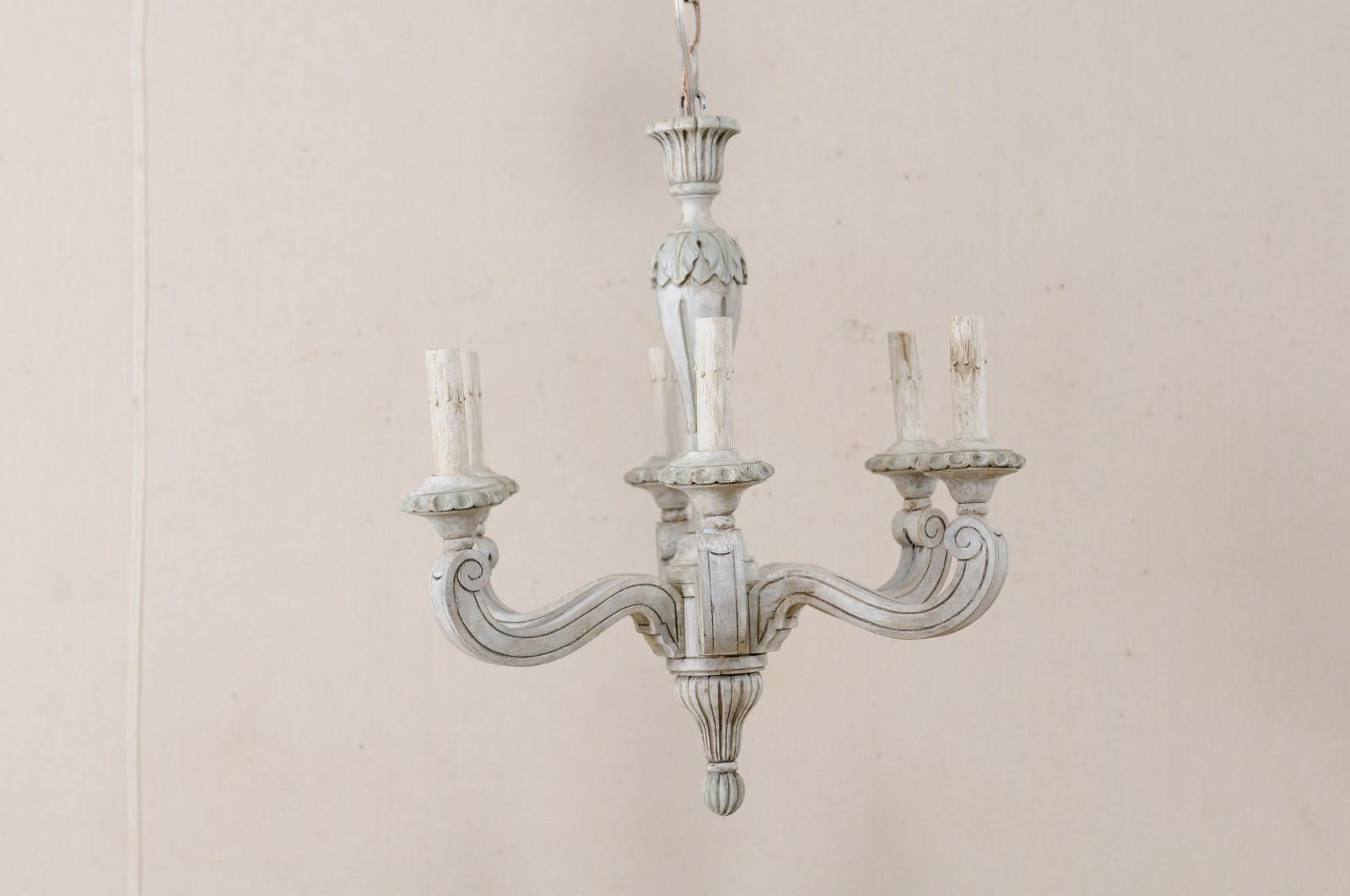 French Carved and Painted Wood Chandelier in Pale Gray, Mid-20th Century 2