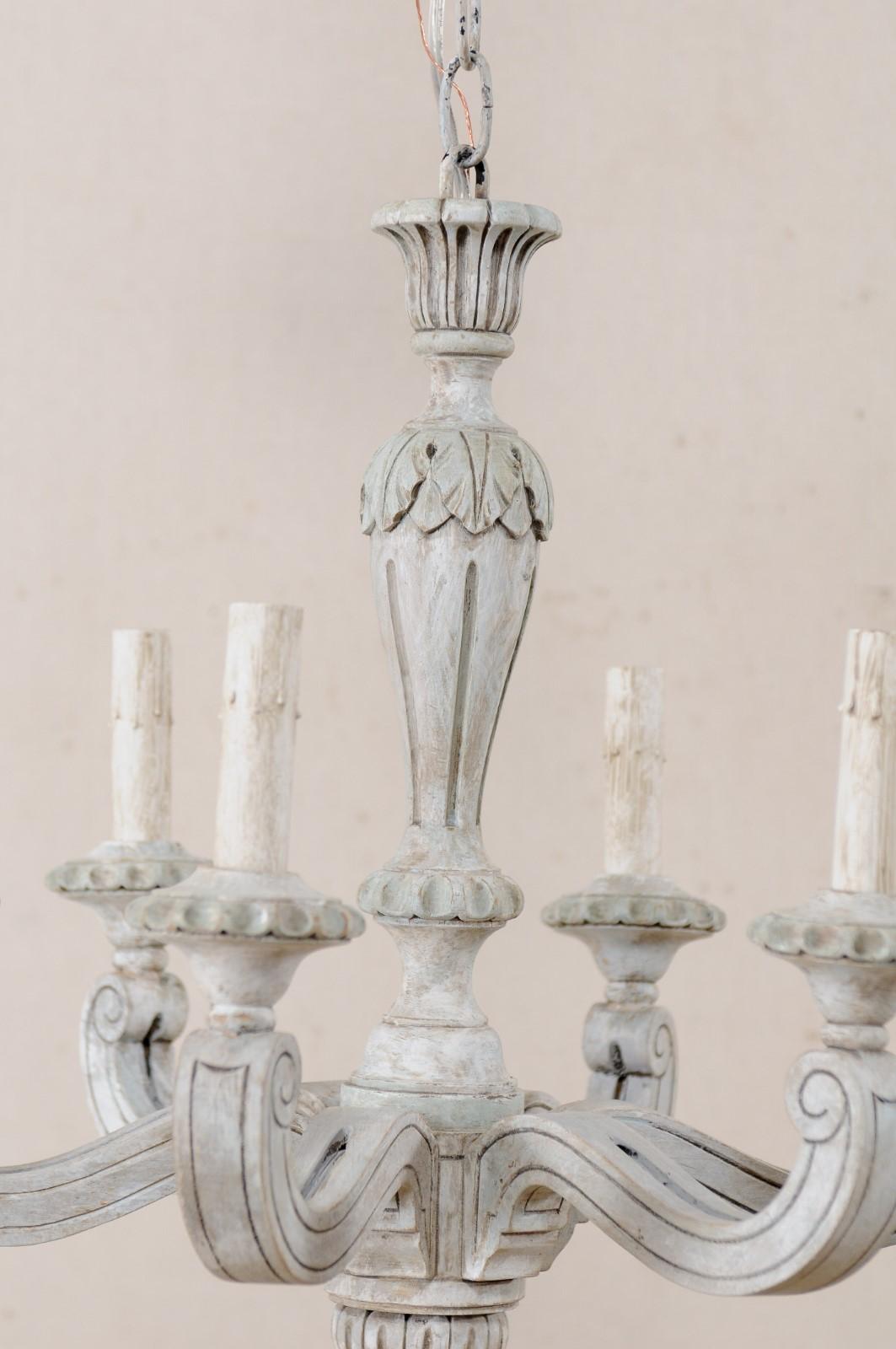 French Carved and Painted Wood Chandelier in Pale Gray, Mid-20th Century 4