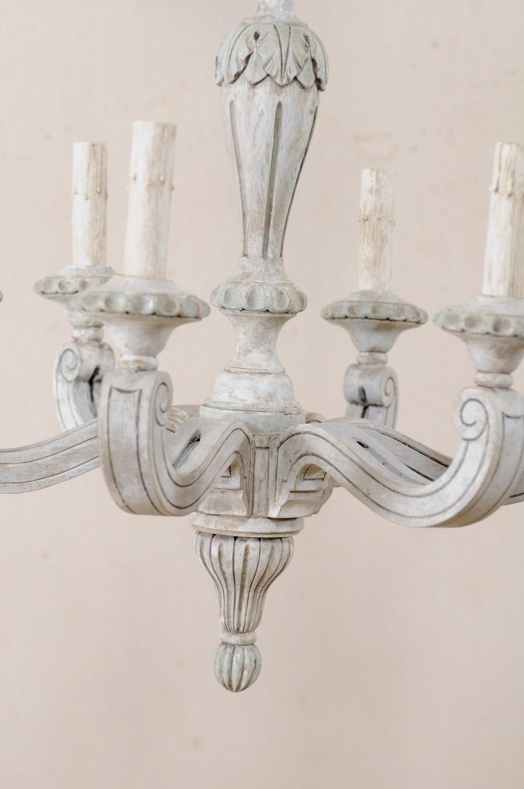 French Carved and Painted Wood Chandelier in Pale Gray, Mid-20th Century 5