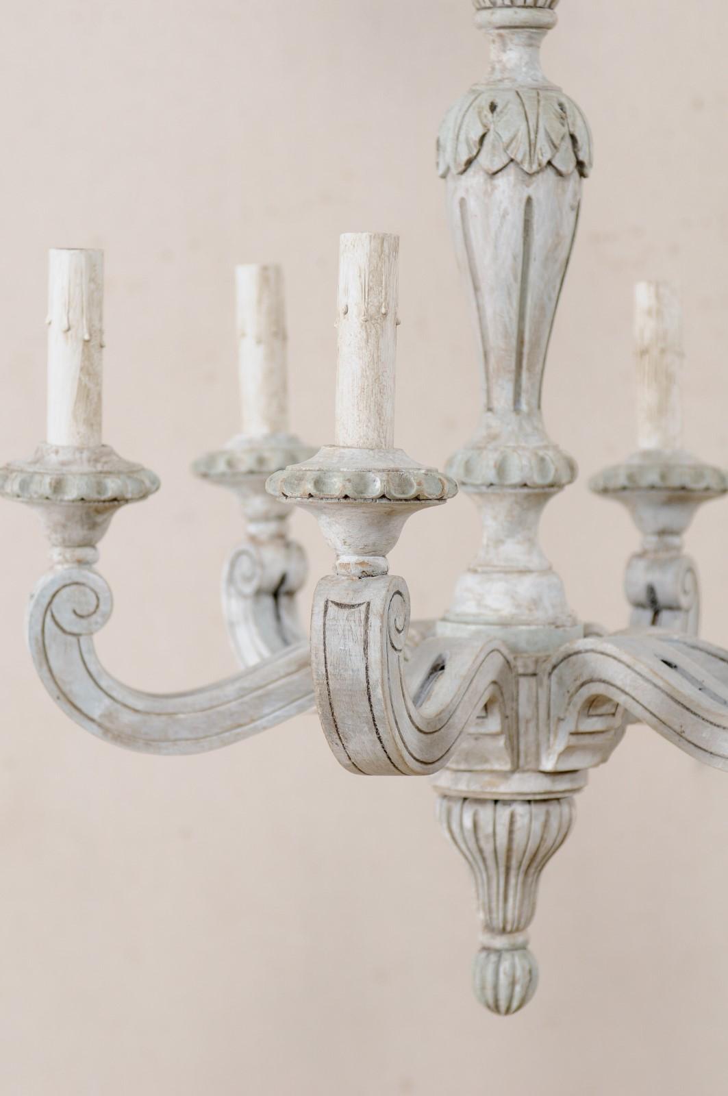 French Carved and Painted Wood Chandelier in Pale Gray, Mid-20th Century 6
