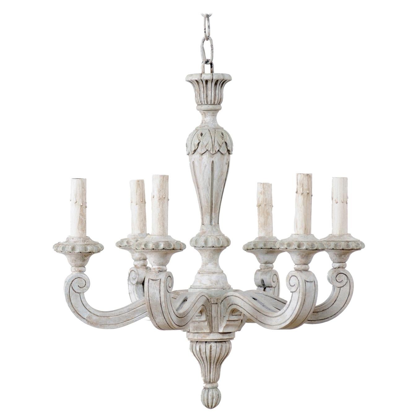 French Carved and Painted Wood Chandelier in Pale Gray, Mid-20th Century
