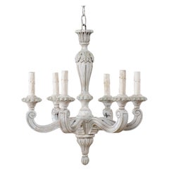 Vintage French Carved and Painted Wood Chandelier in Pale Gray, Mid-20th Century