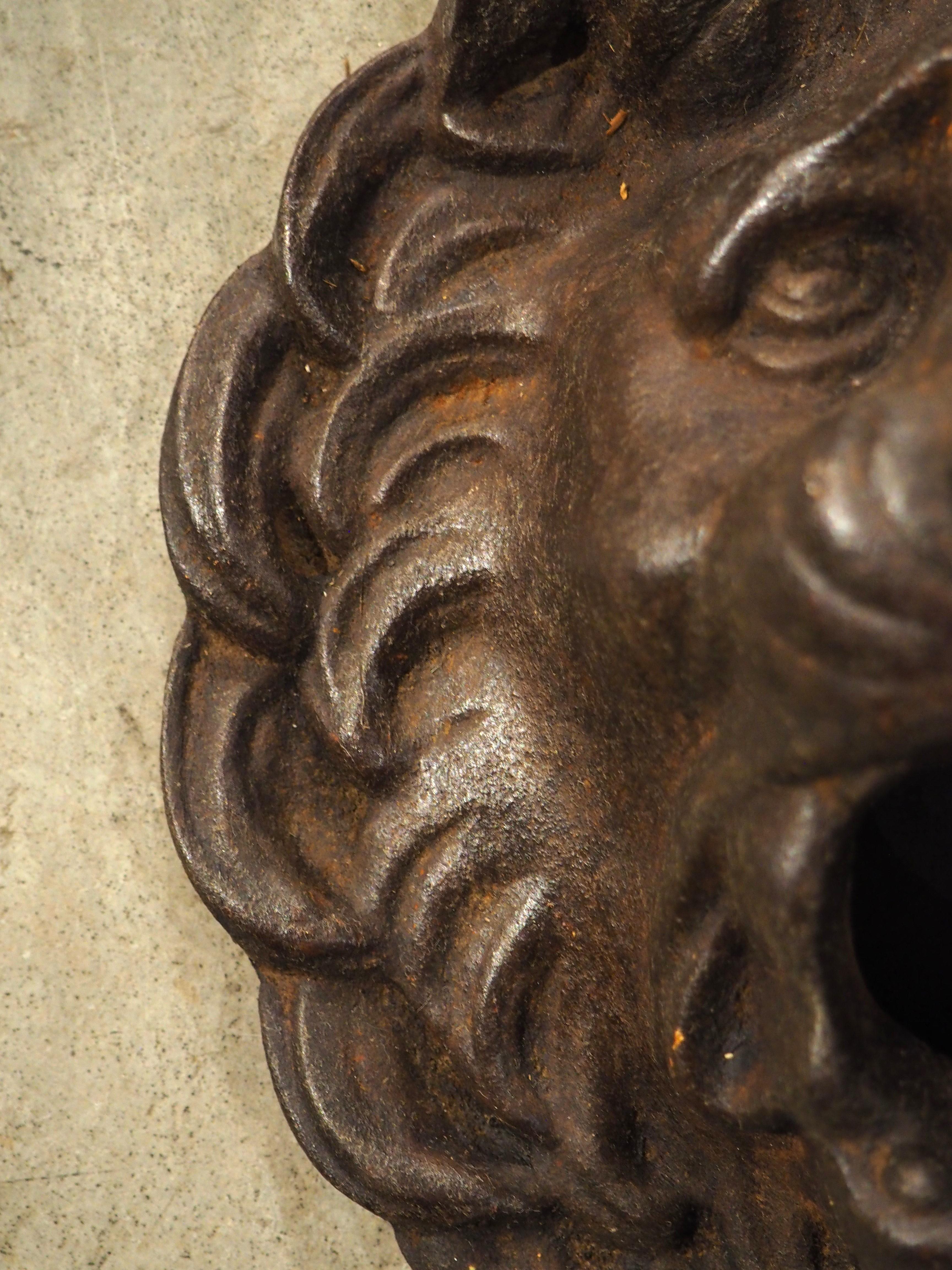 This quaint fountain element or spout was produced in France in the 1900s. Known in France as a mascaron, the cast iron lion is depicted with an open mouth. An item such as this would typically be hung from a wall, with water cascading from the