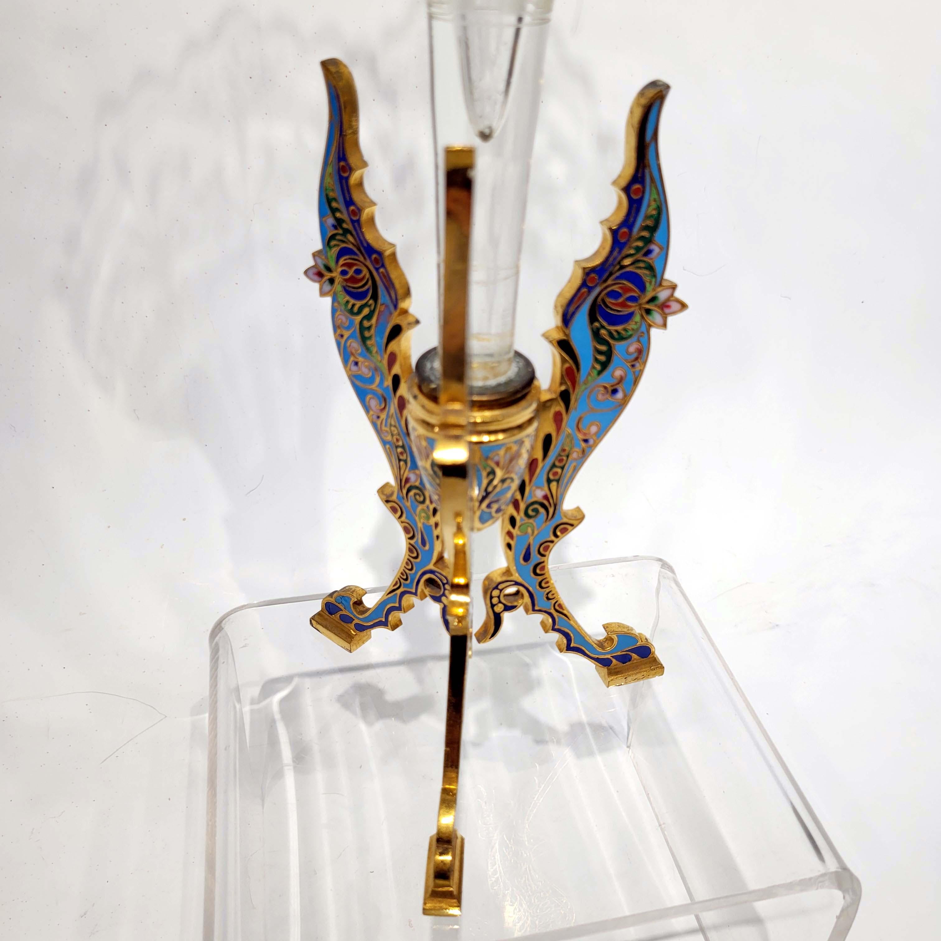 French Champleve Enamel on Gilt Bronze and Crystal Vase, 19 Century In Good Condition In New York, NY
