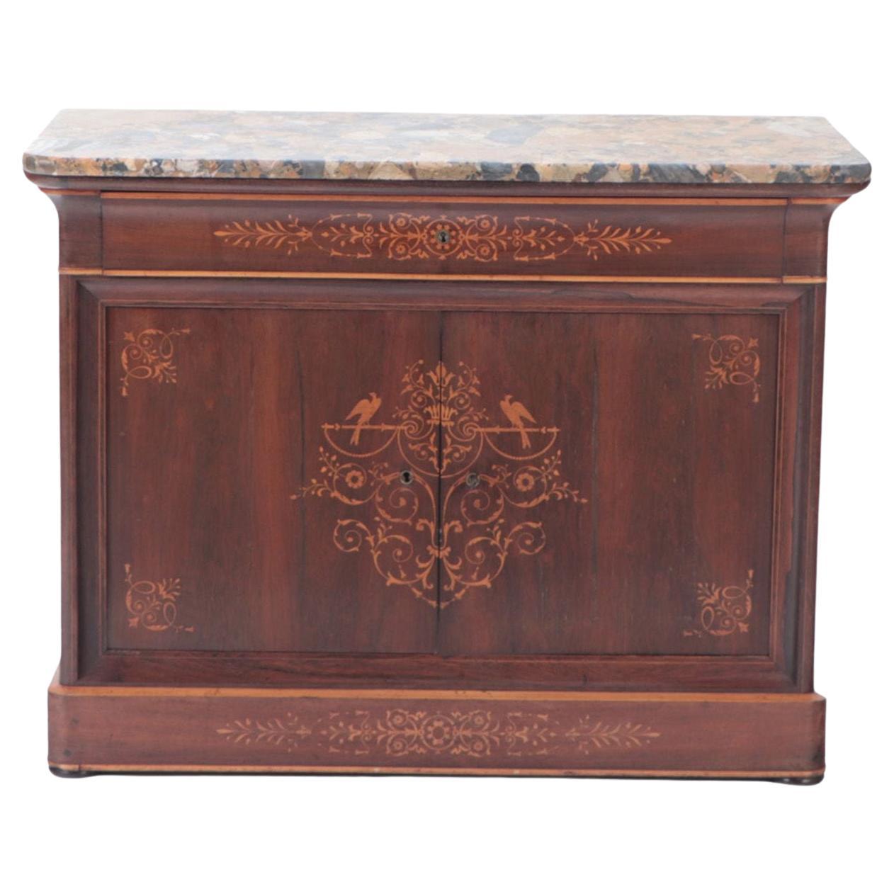 Commodo francese in palissandro intarsiato Charles X, piano in marmo, C.C. 1850. in vendita